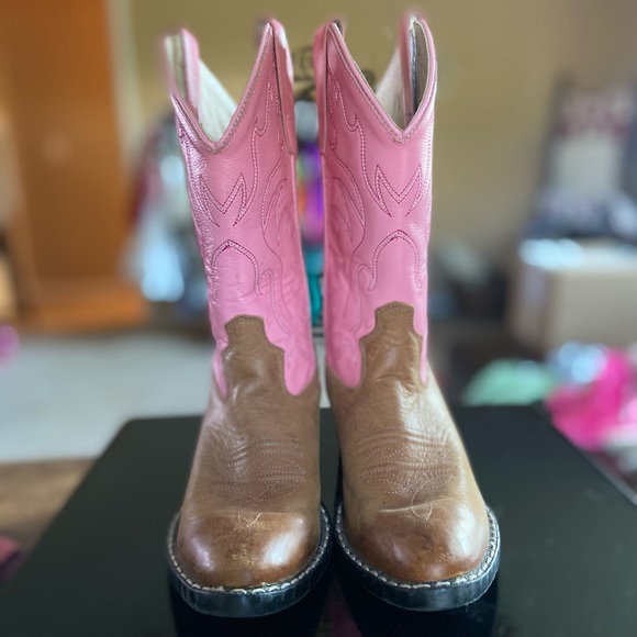 Girls size 10T Old West pink and tan cowboy boots - Picture 3 of 6